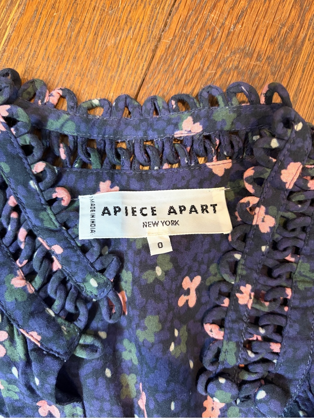 Apiece Apart Navy Floral Crochet-Trim Dress